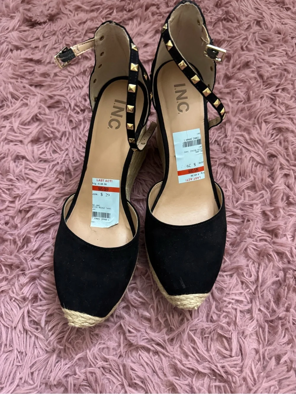 INC International Concepts Black and Gold Studded Espadrille Wedge Sandals